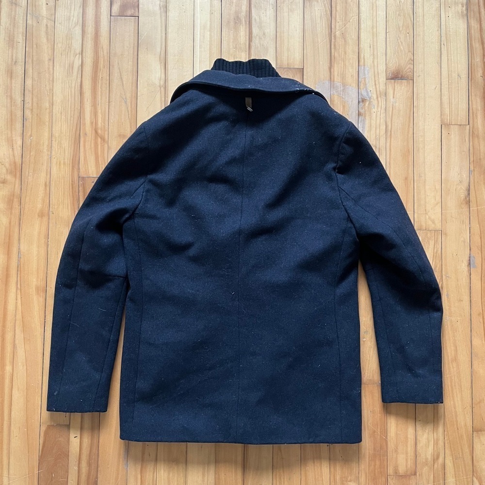 Mackage Men's Black Wool Blend Double Breasted Coat with Leather Trim Size 40 - Picture 2 of 16